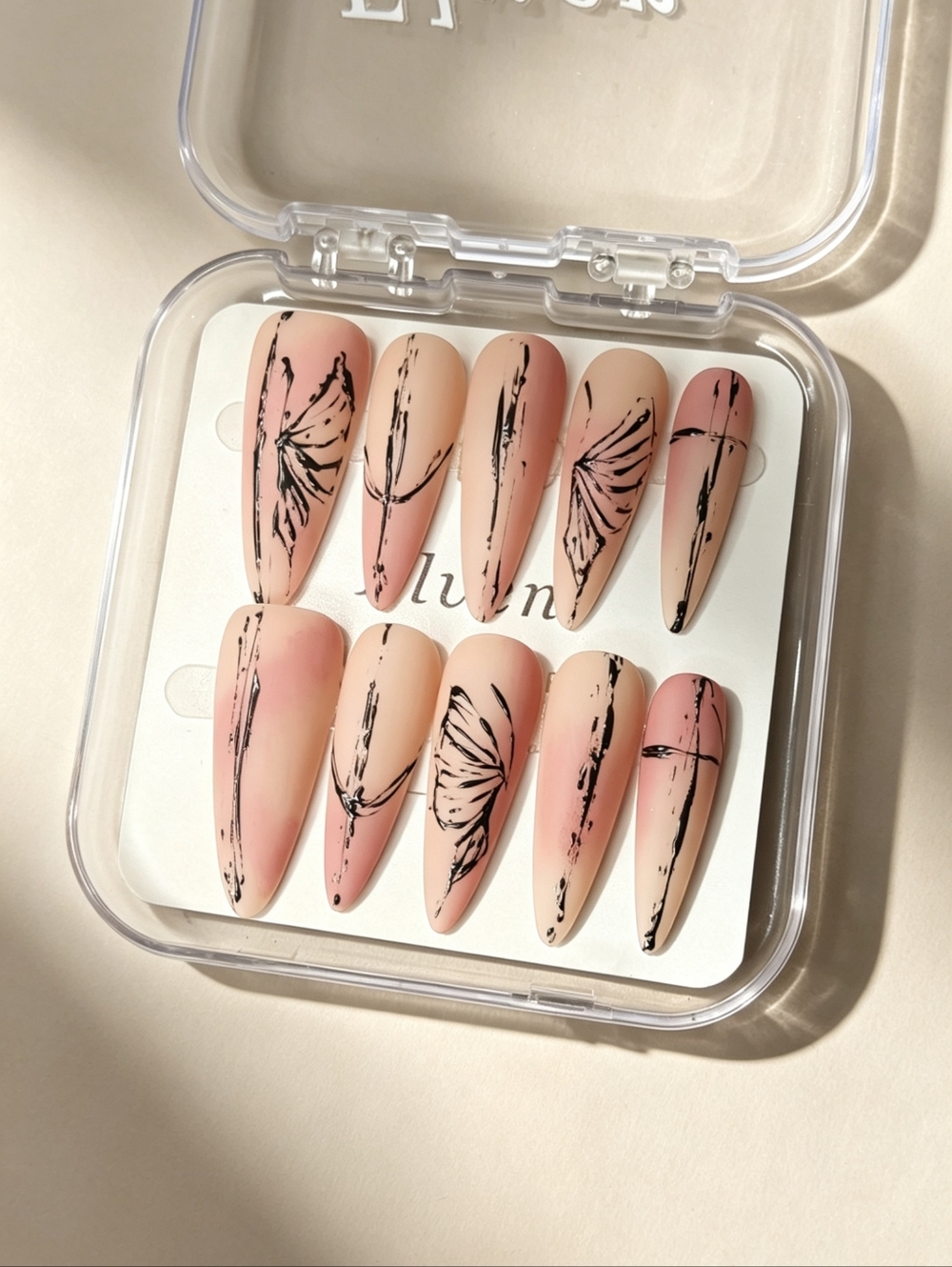 Elegant Pink and Black Matte Finish Stiletto Handmade Press On Nails Art Set